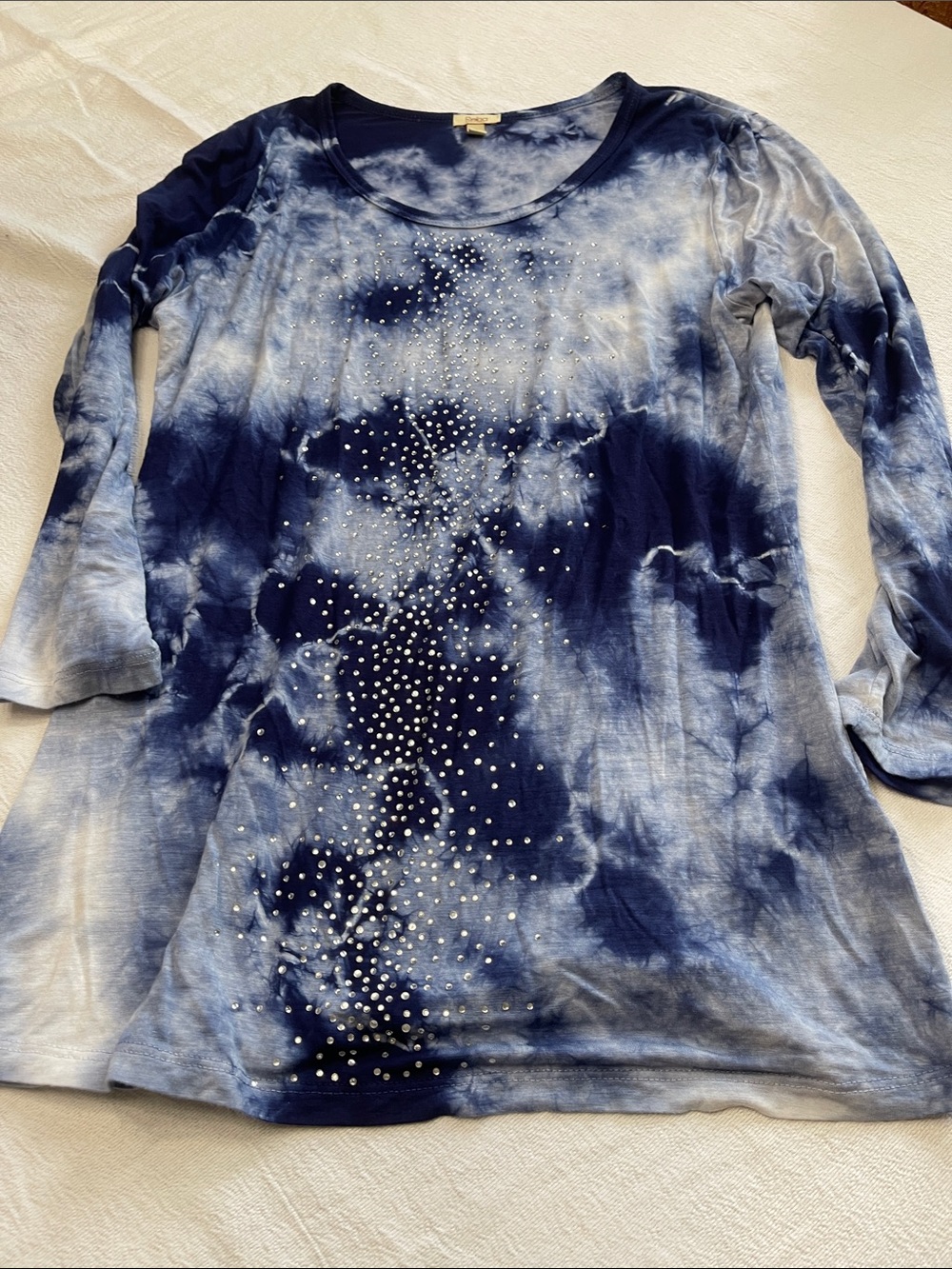 Reba Navy and White Tie-Dye Rhinestone Long Sleeve Tunic